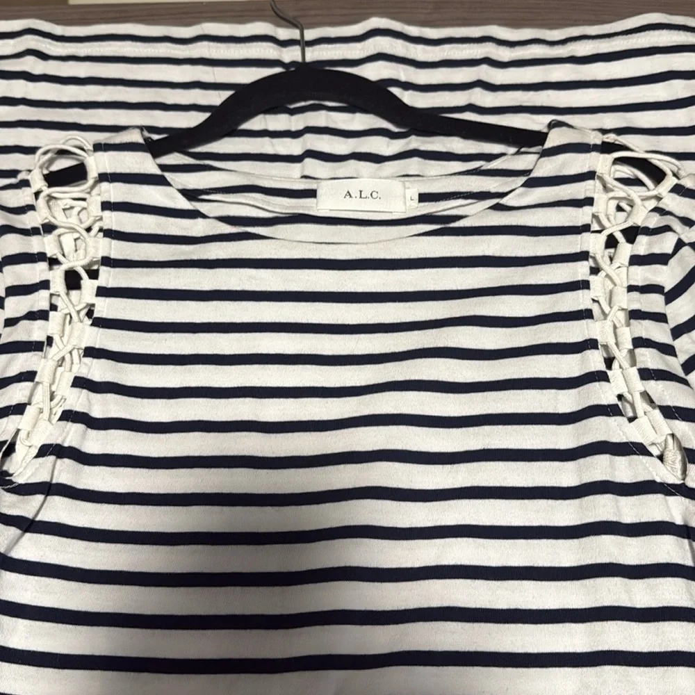 A.L.C. Navy Blue White Long Sleeve Chapman Striped Cotton Mini Dress Size Medium - Picture 3 of 5